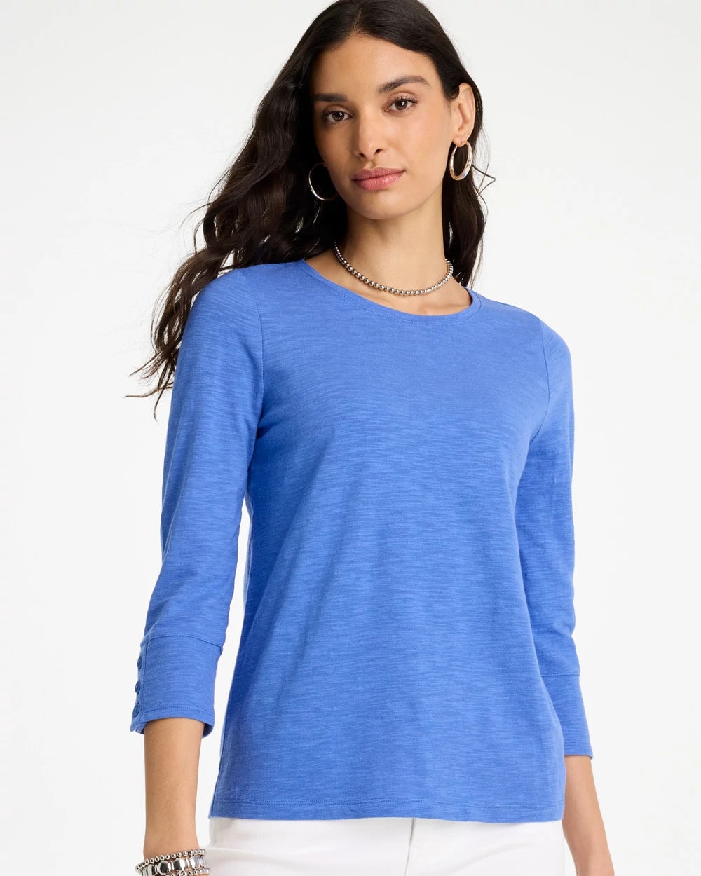 Chico's Cotton Slub 3/4 Sleeve Button Tee