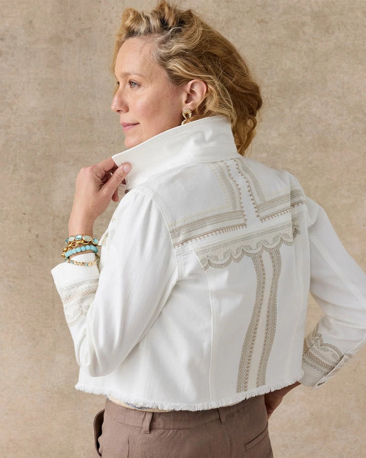 Chico's Embroidered Cropped Denim Trucker Jacket
