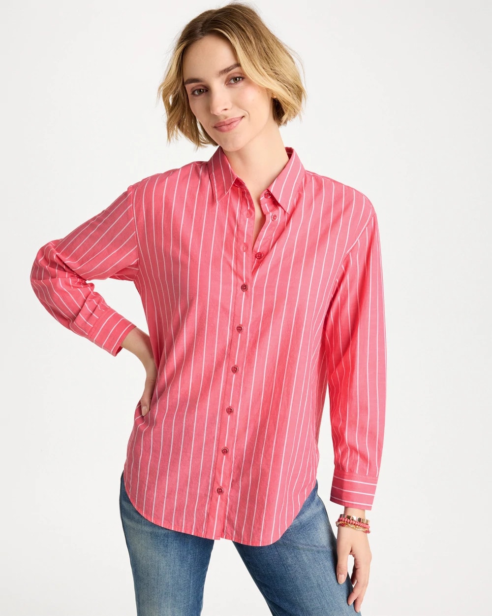 Chico's Cotton Voile Collared Striped Shirt