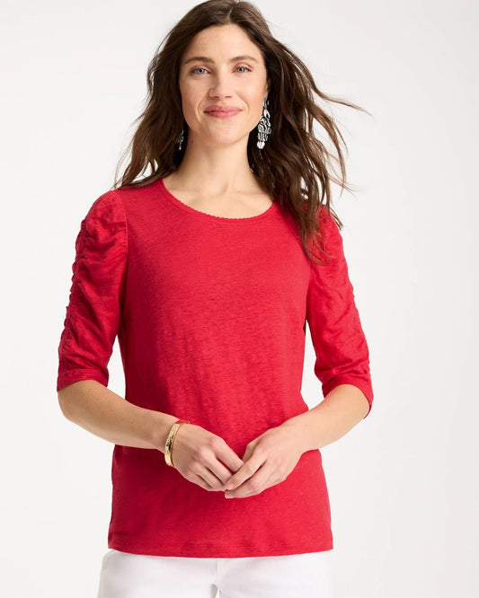 Chico's Linen Ruched Sleeve Tee