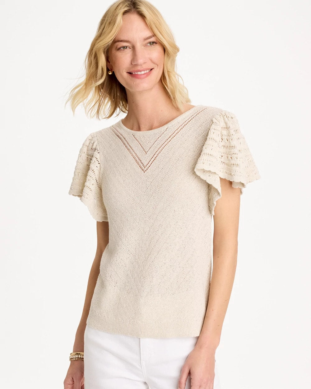 Chico's Pointelle Metallic Flutter-Sleeve Pullover