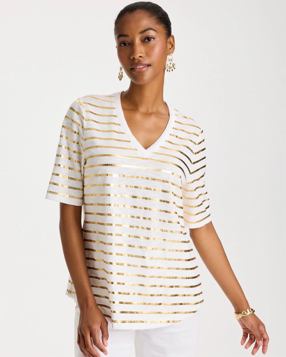 Chico's Striped Cotton Slub V-Neck Tee