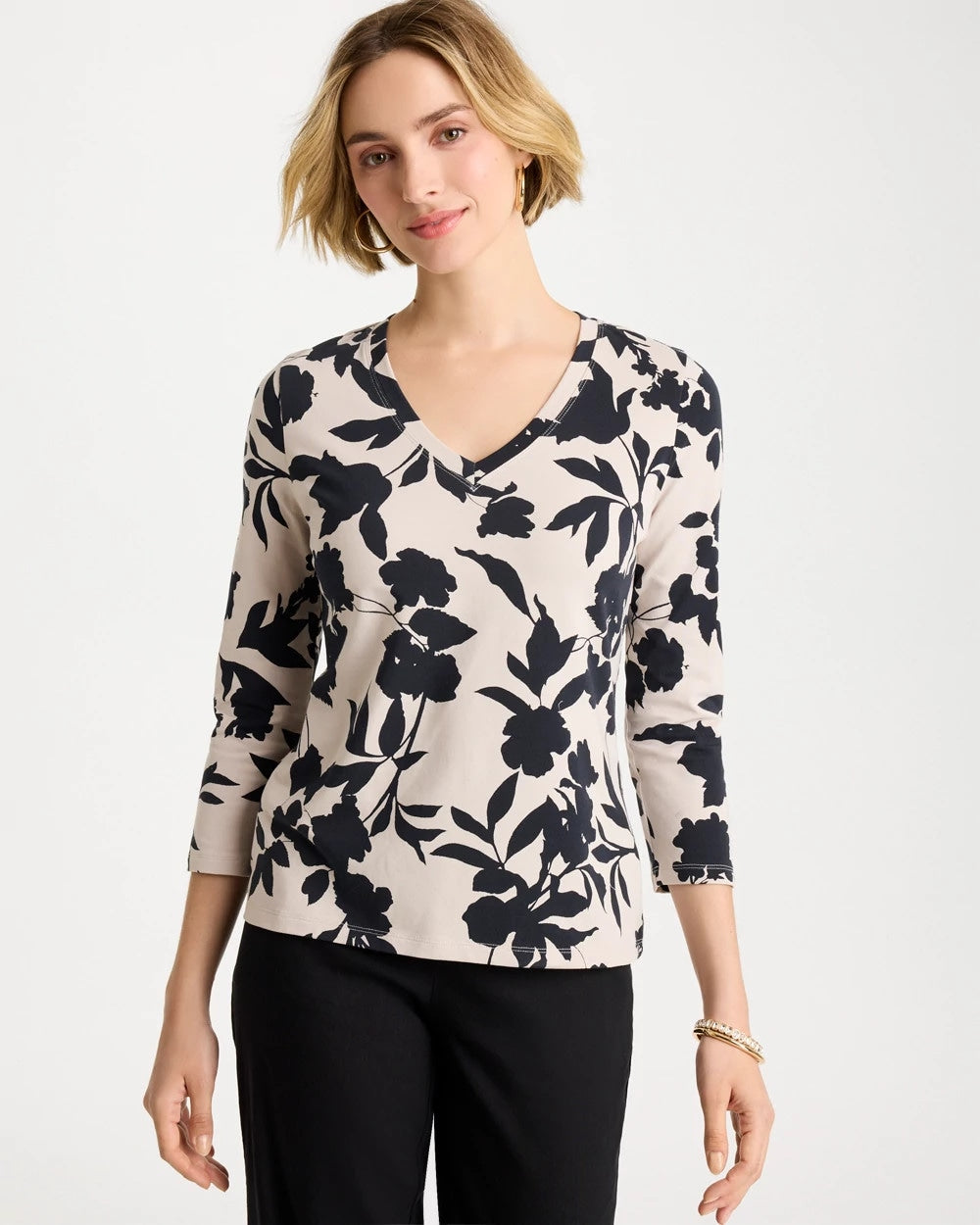 Chico's Cotton Stretch 3/4 Sleeve Floral Tee