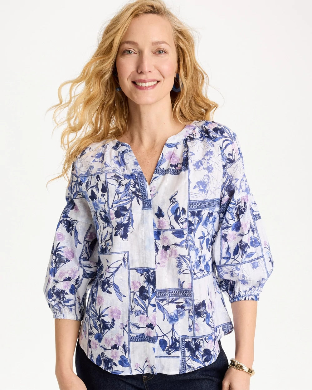 Chico's Cotton Printed Billow Sleeve Blouse