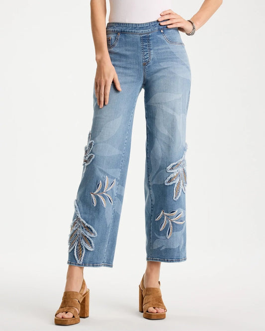 Chico's Tropical Embroidery Pull-On Wide Crop Jean