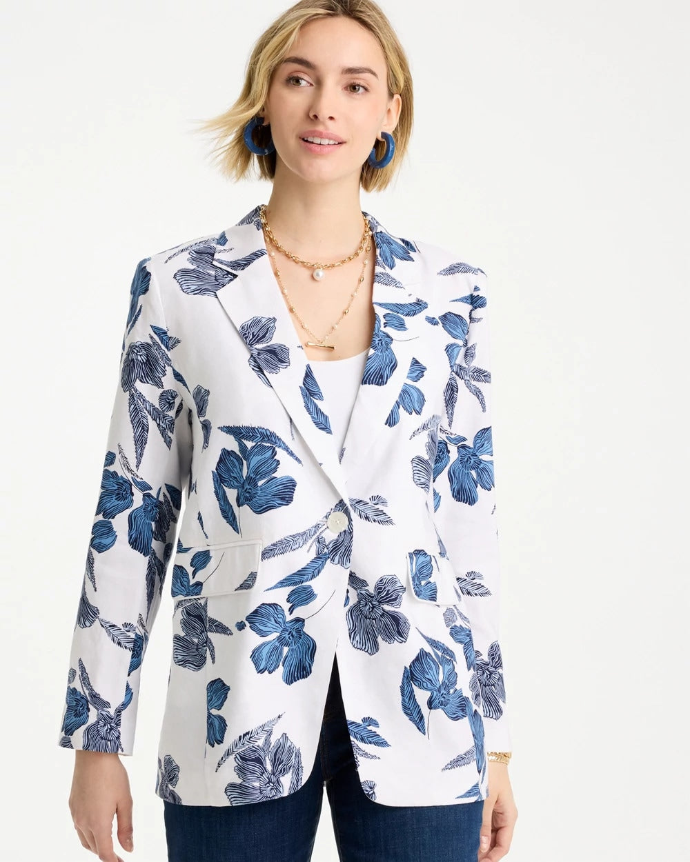 Chico's Linen Printed Piped Boyfriend Blazer