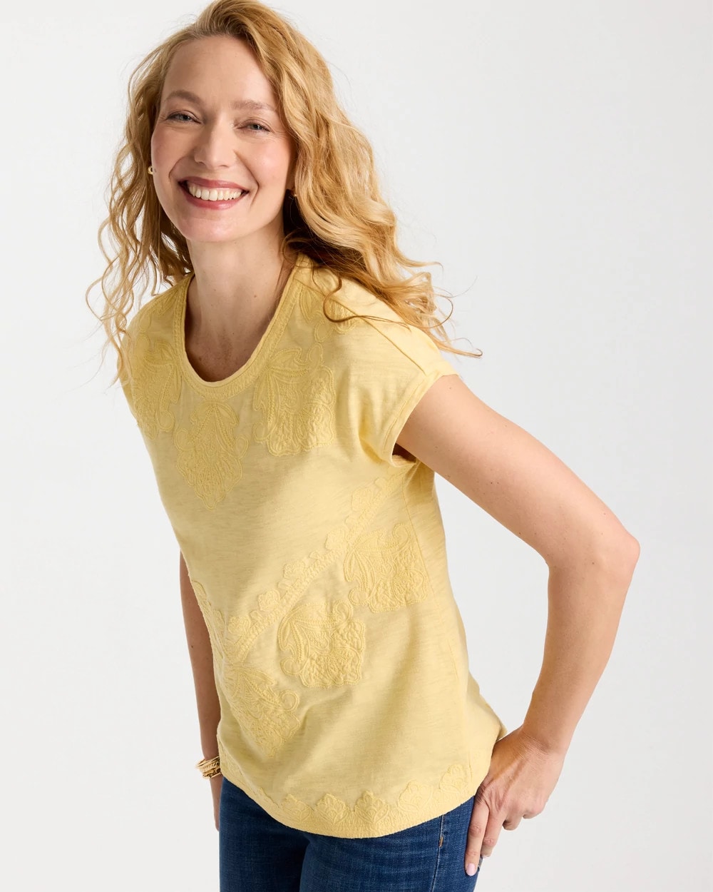 Chico's Monochrome Embroidered Cap-Sleeve Tee