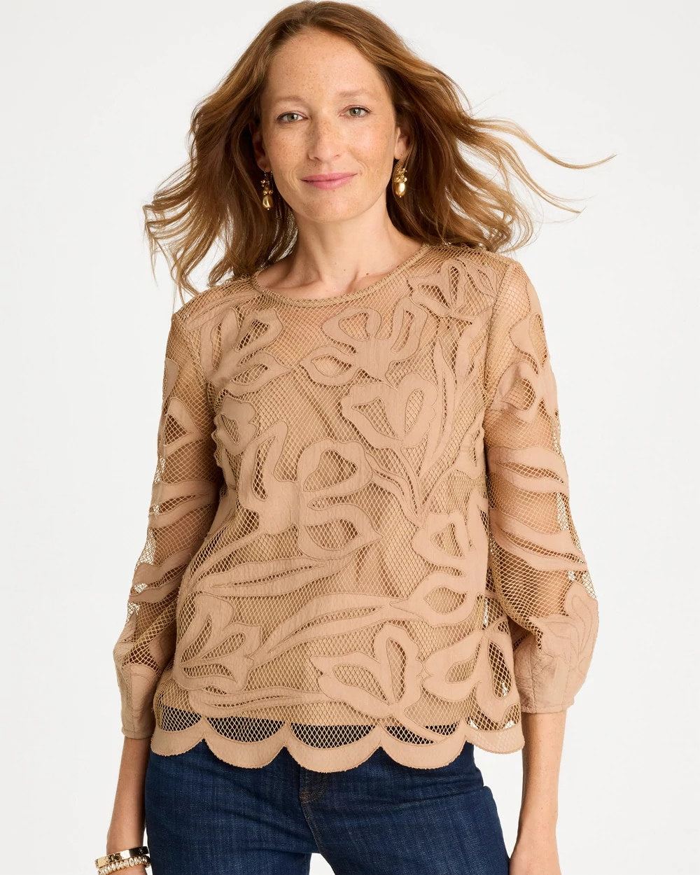 Chico's Floral-Motif Mesh 3/4 Sleeve Top