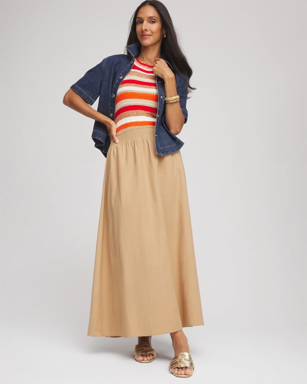 Chico's Smocked Pull-On Midi Skirt