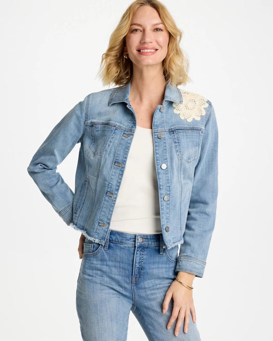 Chico's Embroidered Frayed Denim Trucker Jacket