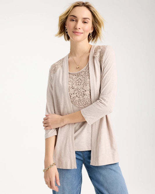 Chico's Embroidered Cotton Slub 3/4 Sleeve Cardigan