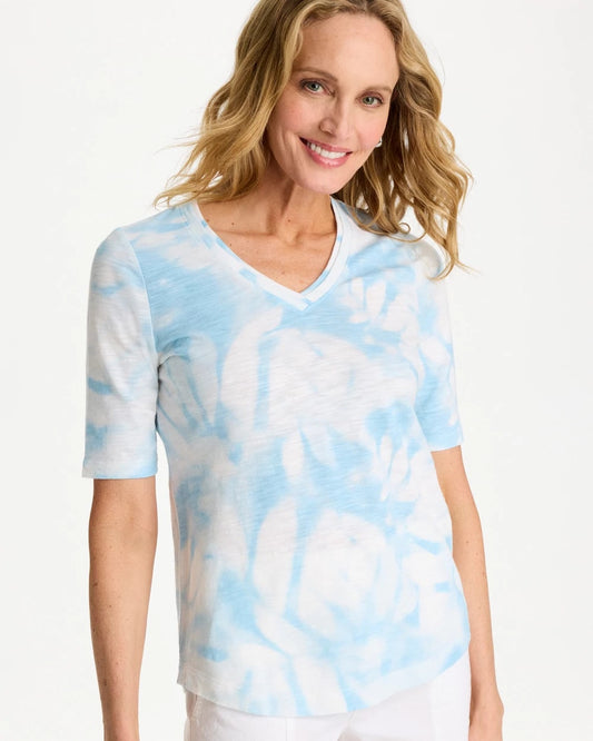 Chico's Tie-Dye Palm Cotton Slub V-Neck Tee