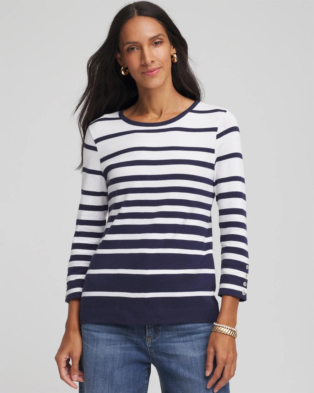 Chico's Pima Striped Button Sleeve Tee