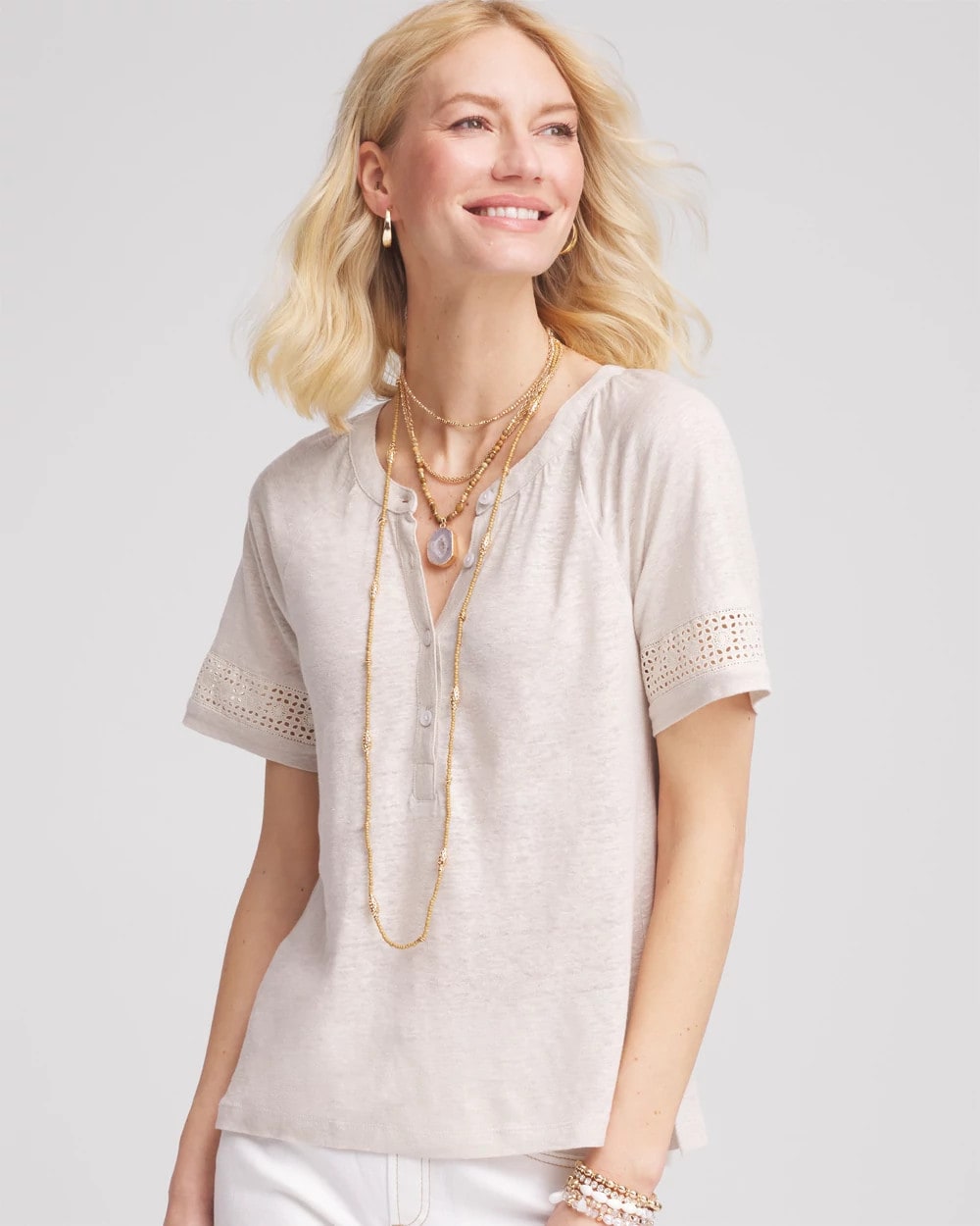 Chico's Linen Lace-Cutwork Sleeve Henley Tee